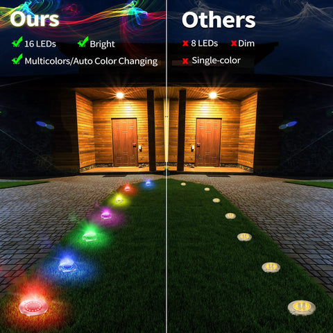 Comparison of 16 LED multicolor and 8 LED single-color solar ground lights illuminating a pathway at night.