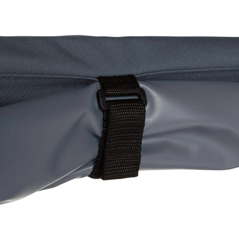 Close-up of Heavy Duty Garage Shelf Cover With Weather X Fabric, Rip And Grip Strap securing rolled panel.