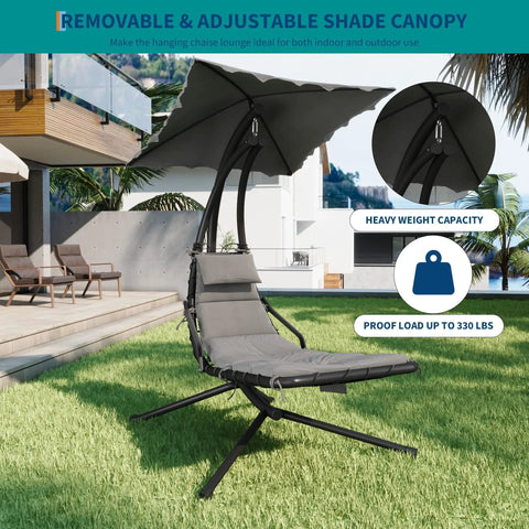 Chaise Lounger Swing Chair With Umbrella Canopy For Outdoor Patio And Indoor Use Hanging Lounge With Stand Curved Steel Outdoor Chair Perfect Poolside Garden Backyard Or Porch Chill Vibe Lounging Comfort