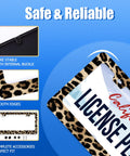 Cheetah Leopard License Plate Frame Stainless Steel Dope Car Decor With Screws Non Blocking Fits Standard US Size 12.3 By 6.3 Inches Brown Finish Animal Pattern License Plate Holder showing design details and fit features