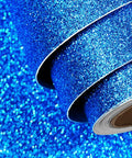 Royal Blue Glitter Peel and Stick Wallpaper Self Adhesive Sparkle Bling Wallpaper for Cabinets Drawers and Walls 15.8x240 Inches 40cm x 6m Rolls Durable Glitter Contact Paper for DIY Crafts, featuring three overlapping rolls on a glittery blue backdrop.