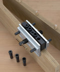 Self Centering Doweling Jig With Six Hardened Drill Bushings for precise center drilling on round stock with bushings visible