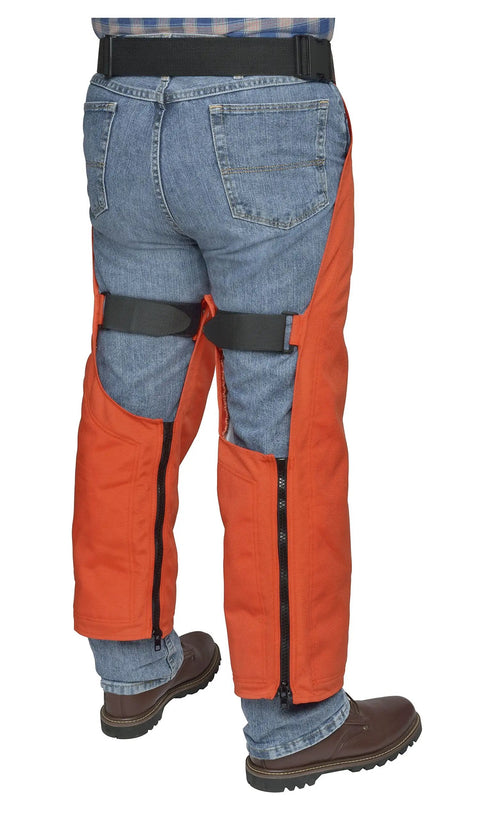 Wrap Around Calf Protection With Zipper, 1000 Denier Water Resistant ProChapsZ, 36 Inch Length, Orange, worn over jeans
