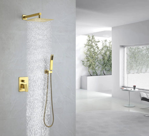 Brushed Gold Shower System With 10 Inch Rain Head High Pressure Faucet Set in modern bathroom view