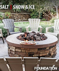 Cozy outdoor seating area featuring a stone fire pit surrounded by water resistant chairs and greenery.