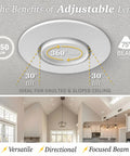 4 Inch Gimbal LED Recessed Can Light For Sloped Ceilings, Dimmable 750LM Output, 5 CCTs 2700K To 5000K, 90 CRI Eyeball, Aluminum Trim, ETL Certified, High Output 6 Pack showing adjustable lens benefits with 360 degree rotation and tilt in a vaulted ceiling setting.