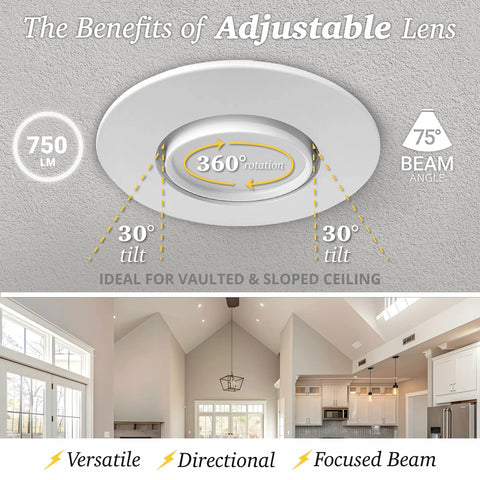 4 Inch Gimbal LED Recessed Can Light For Sloped Ceilings, Dimmable 750LM Output, 5 CCTs 2700K To 5000K, 90 CRI Eyeball, Aluminum Trim, ETL Certified, High Output 6 Pack showing adjustable lens benefits with 360 degree rotation and tilt in a vaulted ceiling setting.