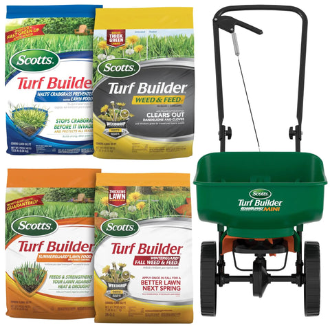 Lawn Care Bundle for Small Northern Lawns With EdgeGuard Mini Broadcast Spreader and Scotts Turf Builder products