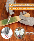 Person using 24 Piece Wood Carving Kit With Easy Storage Bag For Beginners Do It Yourself Whittling Set with leather strop and gloves.