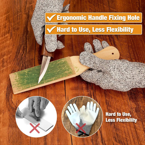 Person using 24 Piece Wood Carving Kit With Easy Storage Bag For Beginners Do It Yourself Whittling Set with leather strop and gloves.