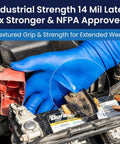 Heavy Duty 14 Mil Latex Exam Gloves Featuring Savage Micro Texture Grip And 12 Inch Extended Cuff Powder Free NFPA Approved Tactical Shield Pack Of Fifty Two X Large Blue at work on a car battery.