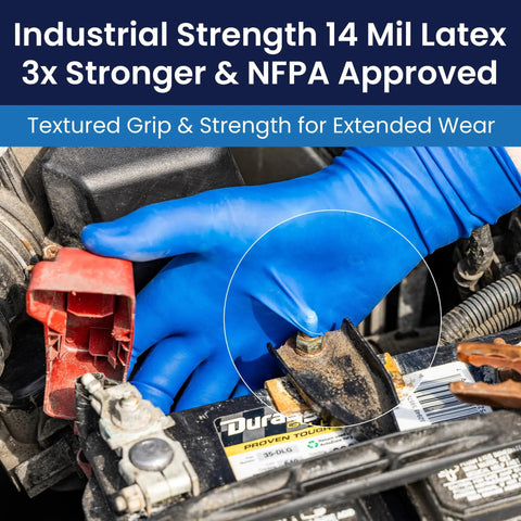 Heavy Duty 14 Mil Latex Exam Gloves Featuring Savage Micro Texture Grip And 12 Inch Extended Cuff Powder Free NFPA Approved Tactical Shield Pack Of Fifty Two X Large Blue at work on a car battery.