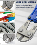 14 Inch Heavy Duty Bolt Cutter Built Tough With Ergonomic Anti Slip Handles For Cutting Locks Chains Wires And Chain Link Fences Made From T8A Steel For High Hardness And Long Lasting Performance shown with applications.