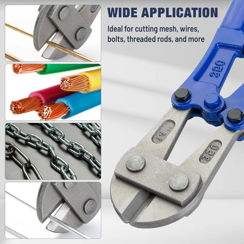 14 Inch Heavy Duty Bolt Cutter Built Tough With Ergonomic Anti Slip Handles For Cutting Locks Chains Wires And Chain Link Fences Made From T8A Steel For High Hardness And Long Lasting Performance shown with applications.