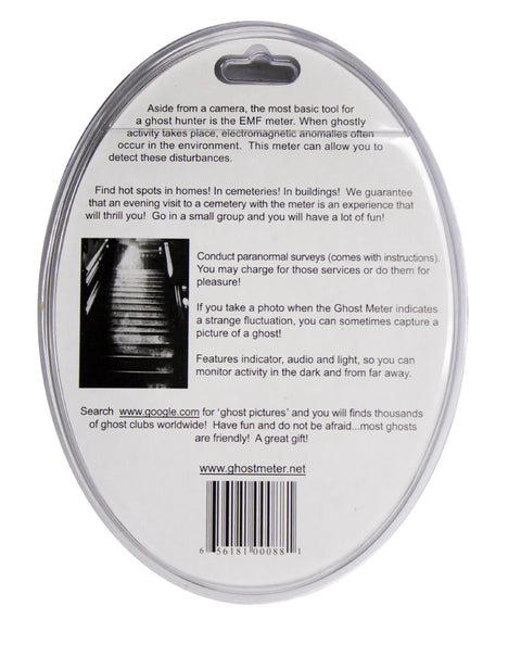 Back of Dope EMF Sensor Ghost Hunter Meter packaging showing features and website information for paranormal investigation.
