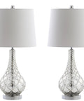 Mercury Silver Glass Table Lamp Set Of 2 With White Linen Shades, 25.5 Inch Sleek Modern Transitional Trellis Design, front view