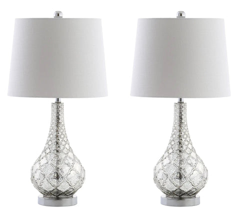 Mercury Silver Glass Table Lamp Set Of 2 With White Linen Shades, 25.5 Inch Sleek Modern Transitional Trellis Design, front view