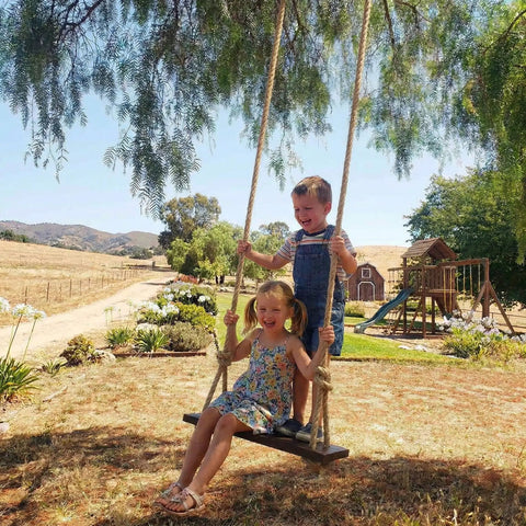 Children playing on a swing made from Heavy Duty Hemp Rope 1 Inch Thick and 100 Feet Long for outdoor projects under a tree.