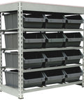 Boltless Steel Storage Rack With 12 Plastic Bins In Four Tiers Or 9 Bins In Three Tiers, 33 Inch Wide By 15 Inch Deep By 36 Inch High