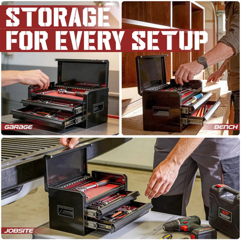 Straight Shooter Mini Toolbox With Two Ball Bearing Sliding Drawers And Roomy Top Tray Beefy Steel Portable Tool Case For Garage Setup Or Handyman Projects Matte Black