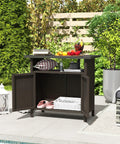 Wicker Outdoor Storage Cabinet With Rattan Bar Table And Two Doors, Open Shelf, 46.6 Gallon Enclosed Storage, Weatherproof Poolside Buffet Console With A Metal Slatted Countertop For Patio Backyard Dark Coffee Finish displayed outdoors.