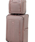 Newcastle 15-Inch Underseat Roller Luggage Carry-On, Rose Charcoal Herringbone with telescoping handles stacked on large suitcase