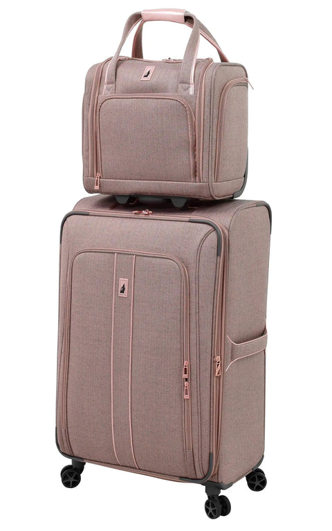 Newcastle 15-Inch Underseat Roller Luggage Carry-On, Rose Charcoal Herringbone with telescoping handles stacked on large suitcase
