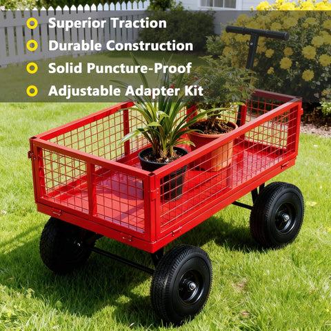 Red wire mesh cart with solid tire set for hand trucks and wheelbarrows with ten inch flat free tires size four point one zero by three point five zero four five eighths inch axle bore two point two inch hub offset includes adapter kit two pack, carrying potted plants, in a garden setting.