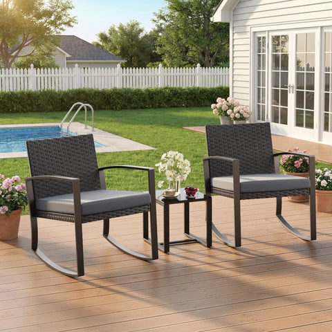 Three Piece Patio Furniture Set With Rocking Bistro Style Chill Outdoor Rattan Conversation Set With Coffee Table in garden