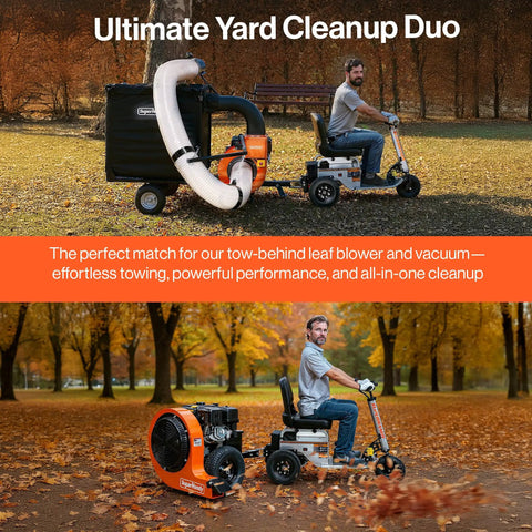 Awesome Heavy Duty Electric Tugger Cart With 2600 Lb Tow Power Perfect For Warehousing And Moving Gear With Ride On Seat For Tough Mobility Jobs in autumn park.