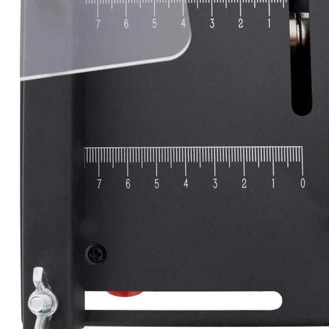 Close-up of measurement scale on Badass Mini Table Saw With Slick Adjustable Speed And Precision Tilt Angles for precise cutting.