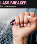 Pink Pocket Knife For Women Self Defense 2.95 Inch Serrated Folding Blade with glass breaker in use on window