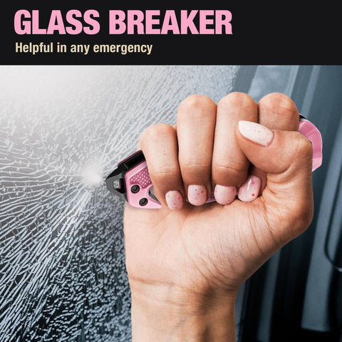 Pink Pocket Knife For Women Self Defense 2.95 Inch Serrated Folding Blade with glass breaker in use on window