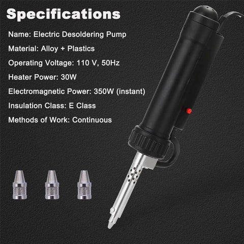 Automatic Desoldering Pump Solder Sucker With Strong Vacuum For One Handed Use Black Desoldering Tool next to three nozzles