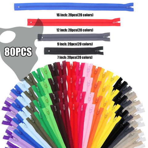 80 Pcs Nylon Coil Zipper Set with mixed lengths 7, 9, 12, and 16 inches, 20 color assortment displayed in a fan shape