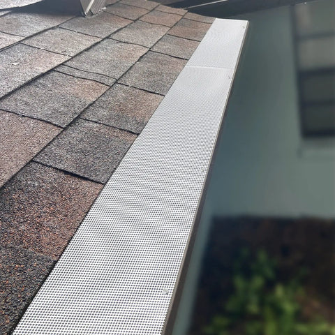 Installed Heavy Duty Stainless Steel Gutter Guard 48 Ft Universal Fit For 4 And 5 Inch Gutters Micro Mesh Leaves Screen White on rooftop