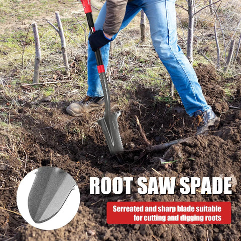 Person using Drain Spade Root Saw Shovel With Fiberglass Handle for digging and trenching in a garden, focus on steel head.