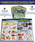 Totally Sweet Real Wood Stem Building Kit Featuring Legit Hydraulic Crane Gears Levers And Pulleys Tools With Challenge Guide Book open to detailed instructional pages with design challenges.
