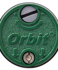 Gear Drive Rotor Shrub Sprinkler With Adjustable Arc Range And 25 Foot Reach showing green Orbit control head for lawn irrigation.