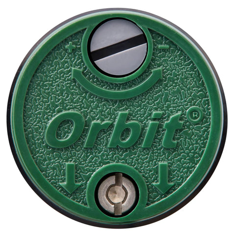 Gear Drive Rotor Shrub Sprinkler With Adjustable Arc Range And 25 Foot Reach showing green Orbit control head for lawn irrigation.