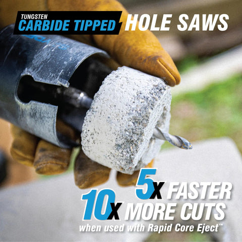 Four And One Eighth Inch Tungsten Carbide Tipped Hole Saw Non Arbored showing drilled hole in concrete
