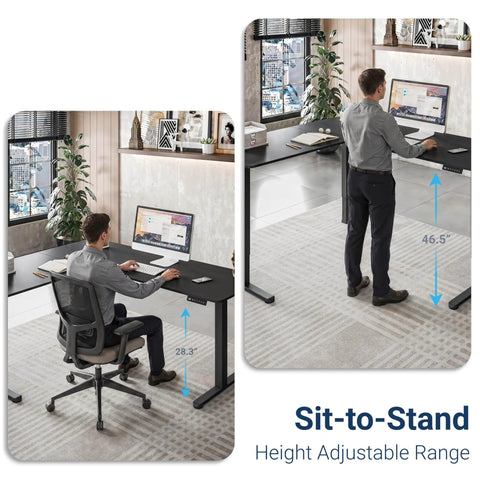 Boss Level L Shaped Electric Standing Desk With Smooth Glide Motors And Three Memory Presets For A Sick Gaming Station Or Remote Work Hub In Sleek Black Finish, height adjustable at 28.3 to 46.5 inches.