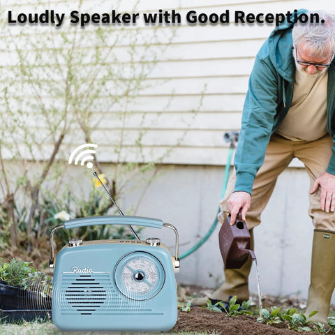 Grab N Go Portable AM FM Shortwave Radio Bluetooth Speaker with gardener watering plants in yard.