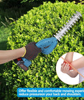Cordless Hedge Trimmer With Battery And Charger 21V Two In One Grass Cutter trimming a shrub, highlighting ease on arms