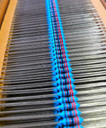 Blue axial resistors in a carrier strip, assorted 1Ω–10MΩ, through-hole kit (front view)