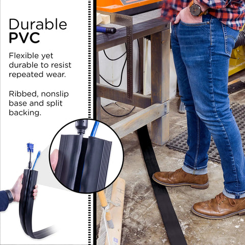 Person demonstrating 10Ft Floor Cord Cover Cable Protector For Home And Office Hide Extension Cords Prevent Trip Hazards Low Profile No Snag Cable Hider For Rugs Floors And Countertop Wiring Heavy Duty Black