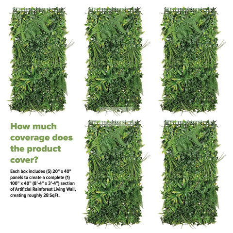 Five Artificial Rainforest Living Wall Grass Panels 20 By 40 Inch 5 Pack For Indoor Outdoor Use cover 28 sq ft in lush greenery.