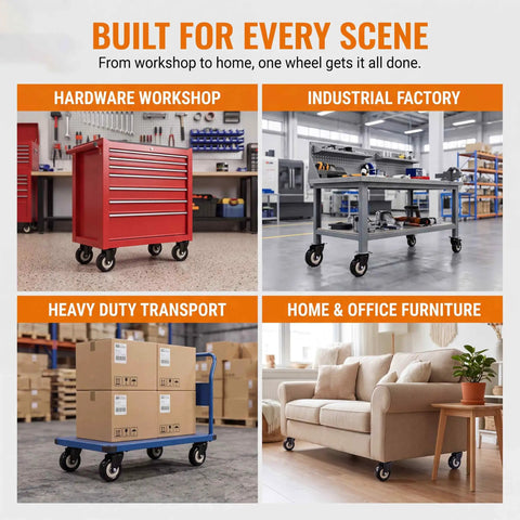 Built Tough Heavy Duty Two Inch Swivel Caster Wheel Sets Gliding On Sealed Double Ball Bearings on workshop carts and furniture.