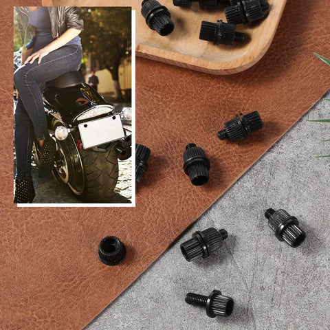 16 Piece Nylon License Plate Hardware Kit Black Screws Bolts Nuts And Frame Fasteners For Motorcycles Cars Trucks And Bikes With Durable Plastic Plating Finish, shown near motorcycle plate mount with rider.