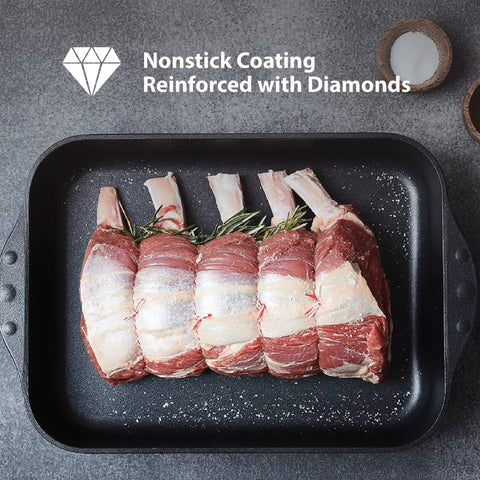Lamb chops in a 9.5 Inch Diamond Coated Nonstick Fry Pan Induction Ready Aluminum Skillet Oven Safe To 500 F Dishwasher Safe Gray